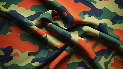 Poster - colorful camouflaged fabric texture with fold details in green, orange, and navy blue tones suitable