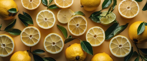 Poster - Vibrant arrangement of whole and sliced lemons with leaves on a yellow background for culinary or decorative use