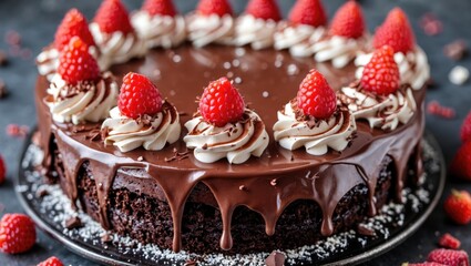 Poster - Decadent chocolate cake topped with fresh raspberries and whipped cream on a dark background ideal for dessert-themed promotions.