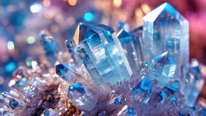 Poster - blue and clear quartz crystals with reflections and highlights on a mineral surface against a colorf