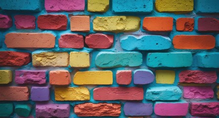 Aufkleber - Vibrant painted bricks creating an eye-catching colorful wall design ideal for artistic and creative backgrounds.