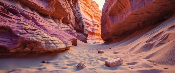 Aufkleber - Vibrant sandstone rock formations in a natural canyon landscape with sunlit textures and sandy ground.