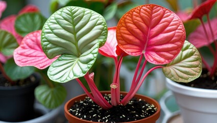 Poster - vibrant pink and green leaves of a potted plant with unique shaped foliage in an indoor setting with