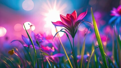 Aufkleber - Vibrant close-up of colorful flowers against a dreamy blurred background with soft light reflections in a serene natural setting.