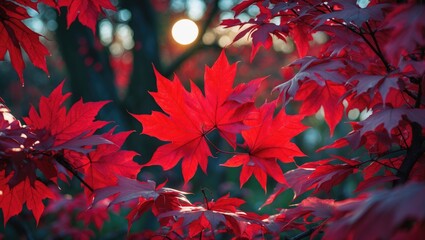 Poster - Vibrant close-up of red Fullmoon maple leaves illuminated by sunlight in a serene forest setting in Derbyshire England