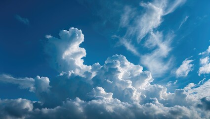 Wall Mural - Fluffy white clouds scattered across a vibrant blue sky creating a serene and tranquil natural landscape background.