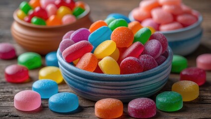 Poster - Vibrant assortment of colored gummy candies in bowls on a rustic wooden surface perfect for sweet treat concepts and advertisements.