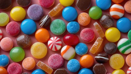 Poster - Vibrant assortment of colorful candies scattered on a pink background perfect for sweet-themed designs or marketing campaigns.