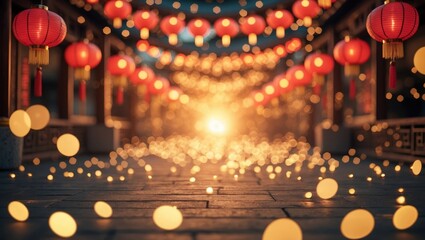 Aufkleber - Festive Chinese New Year ambiance with vibrant red lanterns and golden bokeh lights creating a magical celebration atmosphere.