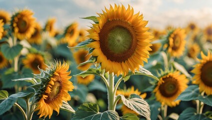 Aufkleber - Vibrant Sunflower Field Capturing the Beauty of Nature Under Soft Golden Light