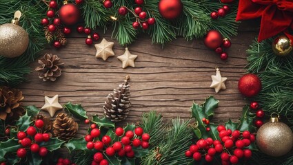 Aufkleber - Festive Christmas background featuring seasonal decorations like ornaments, pinecones, and holly on a wooden surface for holiday designs.