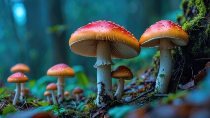 Aufkleber - Vibrant close-up of colorful mushrooms in misty forest setting showcasing nature's beauty and diversity in Tripura India.