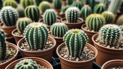 Poster - Close-Up View of Vibrant Green Cacti in Brown Pots with Space for Text in Lush Indoor Garden Setting