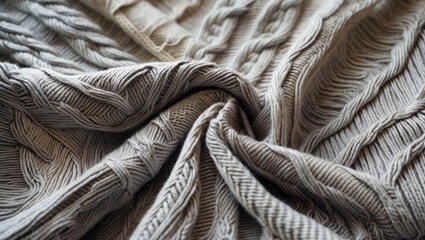 Poster - textured knitted fabric in neutral tones with a complex cable pattern and soft folds displaying dept