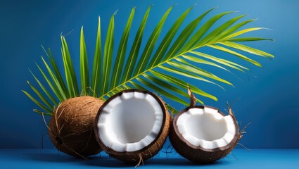 Poster - Coconut fruit and leaf composition on vibrant blue background showcasing tropical freshness and natural beauty.
