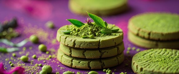 Poster - Matcha green tea cookies stacked with decorative leaves and matcha powder on a vibrant background, showcasing delicious texture and color.