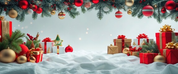 Poster - christmas decorations with snow, presents, ornaments, and pine branches in a festive holiday scene.