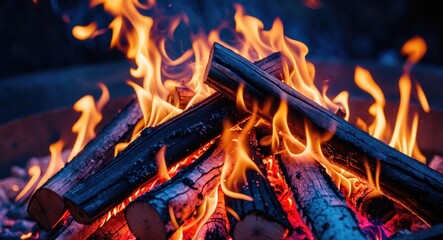 Aufkleber - Burning firewood in a cozy campfire creating warm ambiance and vibrant flames in the evening outdoors