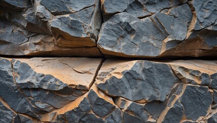 Poster - textured surface of layered sedimentary rock with visible cracks and various shades of gray and oran