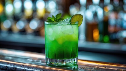 Poster - Refreshing Green Cocktail with Mint and Lime Garnish on Bar Counter with Blurred Background of Bottles and Glasses