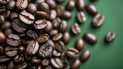 Poster - Coffee bean detail with blurred background showcasing richness against vibrant green surface for coffee enthusiasts and culinary themes.
