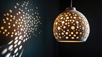 Wall Mural - Ceramic hanging lamp casting intricate spotty light and shadow patterns against a dark wall creating a warm and inviting atmosphere.