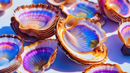 Aufkleber - Colorful clam shells beautifully displayed against a bright background showcasing intricate patterns and textures in natural seashells.