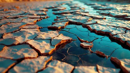 Poster - Dramatic close-up of a dry cracked riverbed revealing intricate textures and reflections in shallow water illustrating environmental conditions