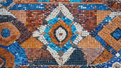 Wall Mural - Colorful geometric mosaic pattern on a wall showcasing intricate tile designs in blue, orange, and brown tones for artistic decor purposes.