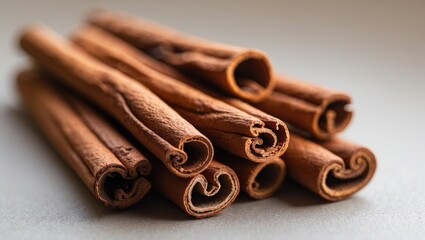 Poster - Close up of aromatic cinnamon sticks arranged artistically on a soft background highlighting their rich texture and natural beauty