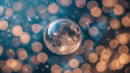 Aufkleber - Sparkling bubble surrounded by soft bokeh lights in blue and gold creating a dreamy, ethereal atmosphere perfect for backgrounds and textures.