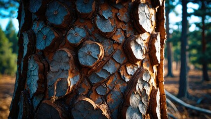 Poster - Detailed close-up of tree bark texture highlighting intricate patterns and natural colors in a forest environment