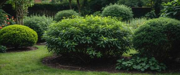 Poster - Lush Green Bushes in a Beautiful Garden Landscape with Ample Empty Space for Text and Creative Design Elements.
