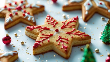 Aufkleber - Closeup of beautifully decorated star-shaped Christmas cookies surrounded by festive ornaments and holiday-themed decorations on a light background