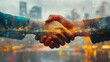 © LuvTK - A strategic investment deal represented in double exposure, intertwining a handshake with a vibrant financial landscape, dynamic stock analytics flowing, holographic trade interfaces,