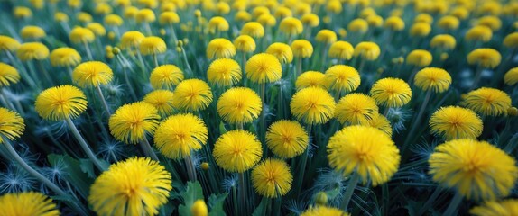 Aufkleber - Vibrant clusters of wild dandelion flowers showcasing bright yellow blooms against a lush green backdrop in a natural field setting.
