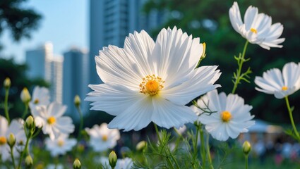 Aufkleber - Close up of a blooming white cosmos flower with yellow center in a vibrant park setting with city buildings in the background.