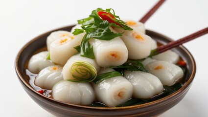 Aufkleber - Delicious platter of Choy Sum dumplings garnished with herbs and chili served in a bowl with chopsticks on a white background