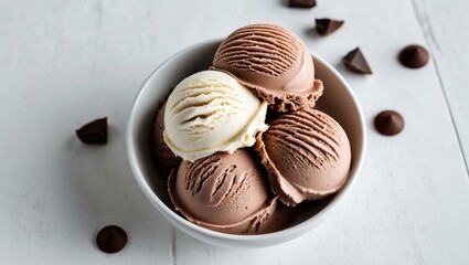 Aufkleber - Chocolate and Vanilla Ice Cream Scoops in White Bowl with Chocolate Chips on Table and Blank Space for Creative Text Display