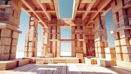 Poster - interior view of a wooden block structure with large openings and clear blue sky in the background s
