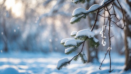 Aufkleber - Snow-covered tree branches with blurred winter landscape background creating a serene and tranquil atmosphere in a snowy setting.