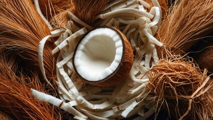Aufkleber - Coconut fiber texture and interior detail with fresh coconut shell and shredded fibers on a dark background showcasing natural materials.