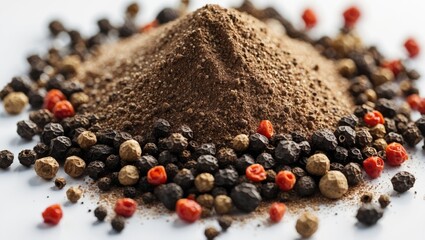 Poster - Closeup of black pepper powder with whole peppercorns on a white background showcasing natural spices and culinary ingredients