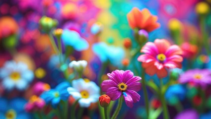 Aufkleber - Vibrant floral bokeh background with colorful flowers creating a dreamy and artistic effect in soft focus for creative design projects.