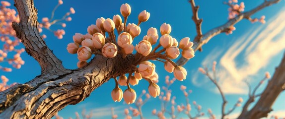 Wall Mural - Cherry blossom buds on a branch against a clear blue sky with wispy clouds in the background during spring season.