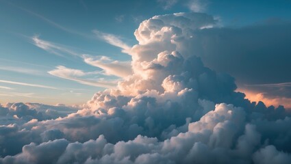 Aufkleber - Majestic cumulus clouds illuminated by soft sunlight against a serene blue sky creating a captivating atmospheric view.