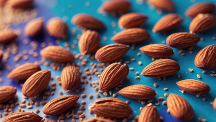 Aufkleber - Close-up shot of almonds scattered on a vibrant surface showcasing texture and details with a shallow depth of field for a food composition.