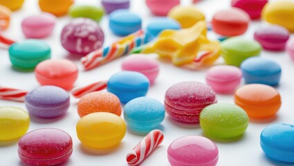 Poster - Vibrant assortment of assorted candies on a white background featuring gummies lollipops and macarons ideal for sweet treat promotions