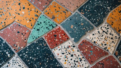 Aufkleber - Colorful terrazzo floor texture showcasing a vibrant abstract pattern of hues and speckles perfect for artistic backgrounds.
