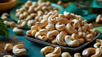 Aufkleber - Close up view of raw cashews arranged on a dark plate with scattered nuts and green leaves in a vibrant food setting